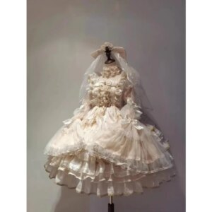 Heavy Industry Lolita Dress Coronation Gold High End Flower Wedding Dress Headveil+Tail+Neck Ornament Dresses