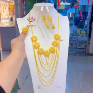 New Dubai 24K Gold Plated Ring Necklace Earrings Romantic Wedding Gift Party Jewelry Set for Women DD10580