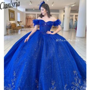 Royal Blue Sweet 16 Quinceanera Dress Ball Gown Trumpet Sleeves Shiny Applique Mexico Vestidos De 15 Años
