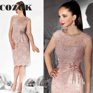Dirty Rose Pink Mother Of The Bride Dresses  Lace Beads Short Sleeve Knee-lenght Wedding Party Guest Mother Gown SX61