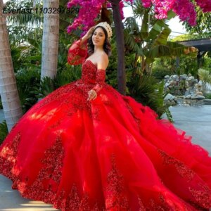 EVLAST Customized Red Sequins Quinceanera Dress Ball Gown Shiny Applique Beading Tiered Sweet 16 Vestido De 15 Anos TQD948