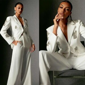 Exquisite  Women Suits  2 Pieces One Button V Neck  Jacket With Beading Customized Fashion Crystal Party Prom Dresses