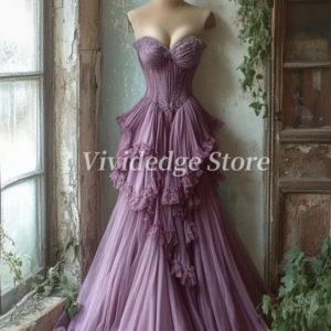 Customized Purple A-Line Sweetheart Neck Tulle Beaded Long Prom Dresses Vintage Formal Gowns Wedding Dresses Evening Gowns