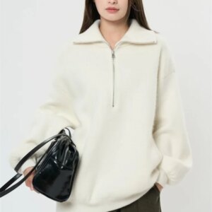 HanOrange 2024 Winter Fashion Silhouette Zipper Turtleneck Wool Sweater Women Thick Loose Top Pullover Apricot/Dark Gray