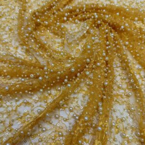 Latest French 3D Lace Fabric Applique Embroidery Sequins African Mesh Lace Fabric with Beads Gold Bridal Lace For Sewing 5 Yards