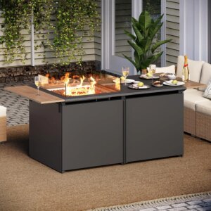 Fire Pit Table for Outside Patio, Propane Firepit with Expandable Tabletop & Wind Guard