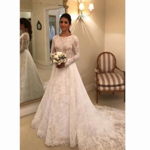 Elegant O-Neck Lace Court Train A-line Bespoke Wedding Dress customized