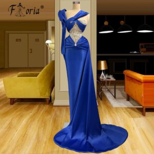 Elegant Royal Blue Mermaid Formal Evening Dress One Shoulder Arabic Rhinestones Beaded Ruched Party Gowns Custom Made Vestidos