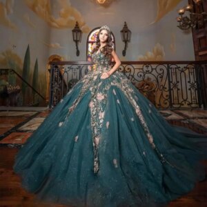 Customized Shiny blackish green Off Shoulder Quinceanera Dress Lace sequin applique crystal Tull vestidos de 15 Quinceanera