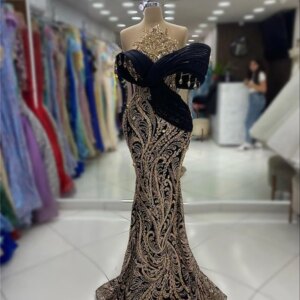 Gold Beading Prom Dress Custom Made Black Off Shoulder Wedding Party Birthday Dress Arabic Beading Cermony Evening Dresses Robes