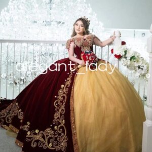Burgundy Gold Charro Princess Quinceanera Dresses Sparkly Applique Lace-up Corset vestido de 15 años quinceañera customsized
