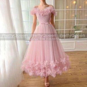 Customized Puffy A Line Mother of the Bride Dresses Flowers Off Shoulder Stunning Pink Tulle Ankle Length Women Prom Dress Party