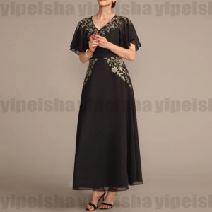Customized A-Line V-Neck Mother Of The Bride Dress Gold Lace Ankle-Length Modern Long Mom’s Dresses Simple Chiffon Gown For Lady