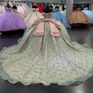 BA16 Customized Mexican Quinceanera Ball Gown Prom Dresses Off Shoulder Flower Rhinestone Ball Gown Bow Prom Party Dress 15 16
