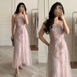 Customized Jiayigong Tulle Draped Appliques Wedding Party A-line Strapless Bespoke Occasion Ankle-Length