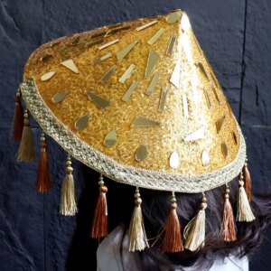 Handwoven Glittering Bamboo Conical Sun Hat with Metallic Thread Accents & Tassel Trim – Traditional Asian Style Pointed Party