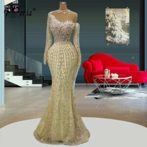 Delicate Heavily Beaded Stones Dubai Evening Dress Champagne Mermaid Formal Oaasion Couture Dresses Celebrity Party Gowns 2023
