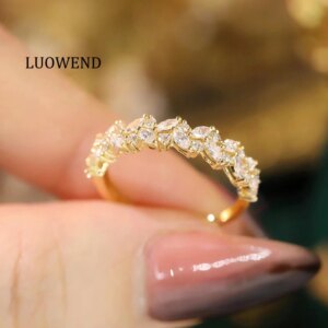 LUOWEND 18K White or Yellow Gold Rings Shiny Marquise Cut Shape 0.80carat Real Natural Diamond Engagement Ring for Women Wedding