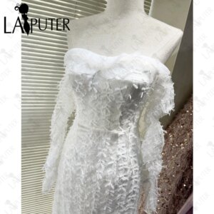 Laiputer White Casual Prom Dress White Feathers Lace Long Sleeves Off Shoulder Girls Party Gown Column Fit Woman Formal Dress