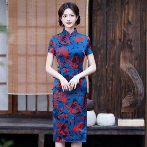 Cheongsam Qipao Women Dress Summer New High Quality Real Silk Improved Socialite Retro Style Tea Art