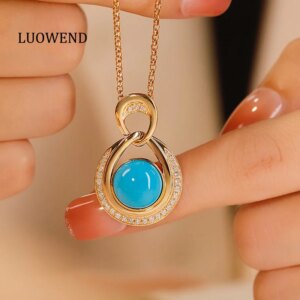 LUOWEND 100% 18K Yellow Gold Necklace Elegant Shiny Style Real Natural Turquoise Pendant Necklace for Women High Party Jewelry