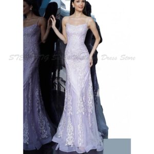 Exquisite Evening Dresses Women Spaghetti Strap Square Collar Straight Sleeveless Sequins Alliques Banquet Party Female Gowns