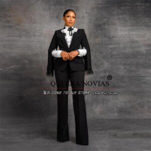 Black Lace Women Suits Slim Fit Single Breasted Business Jacket Trousets 2 Pieces Sets Birthday Party Evening Wear Mother Dress