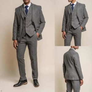 Fashion Men’s Grey Suits Formal Slim Fit Peak Lapel Tweed Prom Tuxedos Business Casual Suit Jacket 3 Pieces (Blazer+Vest+Pants)