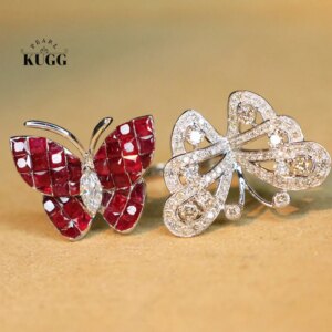 KUGG 100% 18K White Gold Rings Luxury Diamond Natural Ruby Gemstone Ring Elegant Butterfly Shape High Party Jewelry for Women