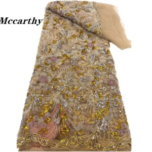 Mccarthy African Heavy Beaded Lace Fabric 2024 High Quality Nigerian Sequin Lace French Tulle Fabric For Wedding Party Dress