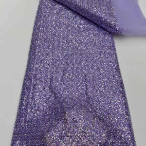 Purple Lilac Sequence Embroidery Fabric African Lace Fabric 5 Yards High Quality 2025 Black Beaded French Mesh For Sewing KB4737