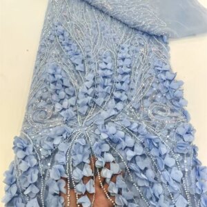 African French 3 D Tulle Lace Wedding Bridal Lace Fabric 5 Yards High Quality Luxury Beaded Lace Fabric for Evening Dress Q379-1