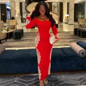 Customized Fashion  Crystal Beading Scoop Ankle LengthStraight Vestidos Para Mujer Jersey Long Sleeves Girdling Custom Made плат