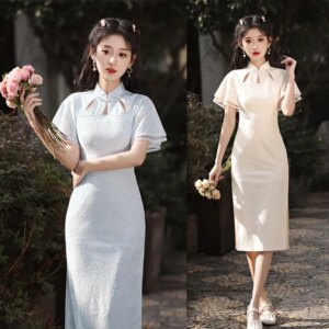 Fashion Improvement New Chinese Style Shawl Sleeve Girl’s Cheongsam Qi Pao Spring and Summer Mid-Length