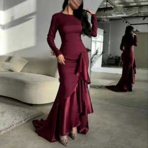 Burgundy Evening Dresses for Women 2025 O Neck Full Sleeves Pleat Mermaid Prom Gown for Formal Occasion Dresses Customized