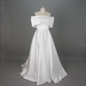 Off Shoulder Simple Elegant Satin Wedding Dress with Skirt Pockets Bridal Gown Chapel Train