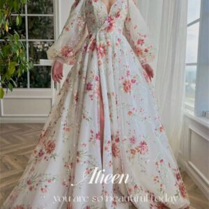 Aileen Elegant Beading Sequined Prom Dresses Flowers Appliques Puff Sleeves High Side Split A-Line Evening Gowns Party Dress