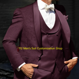 Men’s Three-piece Dinner Suit Burgundy Jacquard Jacket Pants Vest Groom Wedding Tuxedo Custom XS-5XL Slim-fit Suit Mens