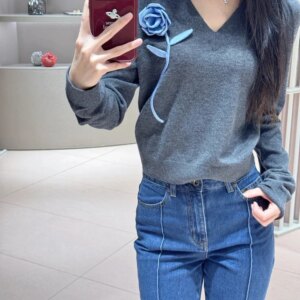 2025ss spring luxury new women flower grey wool high quality sweater female chic pullover jumpers