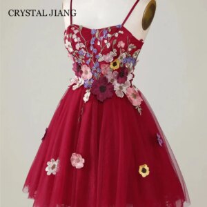 Elegant Short Prom Dresses Spaghetti Straps Sleeveless with Flower Appliques A Line Knee Length فساتين حفلة موسيقية