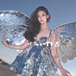 Halloween Cosplay Party Costume Sexy show girl Festival Outfit Silver Mirror Butterfly Wings and dress Costumes