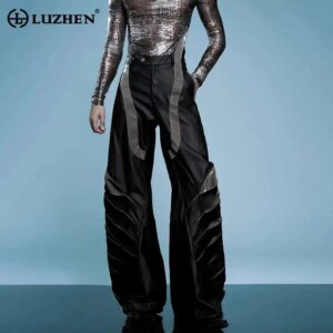 LUZHEN 2025 New Original Street Color Contrast Splicing Design Leather Pants Men Fashion Multi Layered Wide Leg Trousers LZ9352