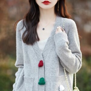 24 Autumn New woolen sweater women’s wool cardigan solid color double pocket loose sweater coat