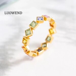 LUOWEND 100% 18K Yellow Gold Rings Fashion Simple Style 1.7carat Real Natural Color Sapphire Ring for Women High Party Jewelry