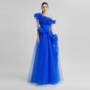Tulle Evening Dress For Sexy Women 정장원피스 Vestidos de festa Elegant 3D Flowers Off The Shoulder A-line Cocktail Party Prom Gown