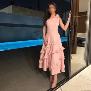 FLORINE TULIRAIN Pink Tea-Length Evening Dress Wedding Party One Shoulder with 3D Flower Prom Dress Saudi Arabic Party Gowns