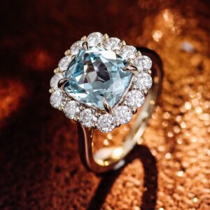 Provence  Luxury wedding Ring 10K Solid Gold Blue Lab Gemstone ring DEF/VS Lab Diamonds Halo band Engagement ring Jewelry Custom
