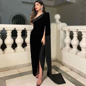 Modern Black One Shoulder Long Sleeves Prom Gowns For Women Floor Length Split Formal Party Evening Dress