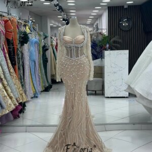 Elegant Pearls Crystal Champagne Formal Party Dress Mermaid Long Sleeve Lace Corset Boning Evening Wedding Engagement Gowns