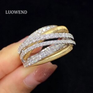 LUOWEND 100% 18K White+Yellow Gold Rings Women Real Natural Diamond Engagement Ring Fashion Cross Design High Party Jewelry